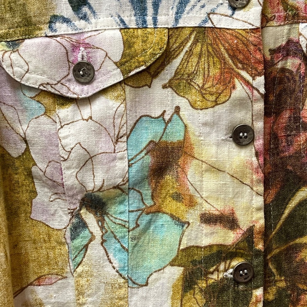 Vintage Chico's Sz 1 (M) Floral 100% Linen Shacket Shirt Jacket Lagen Artsy Boho - Picture 4 of 15